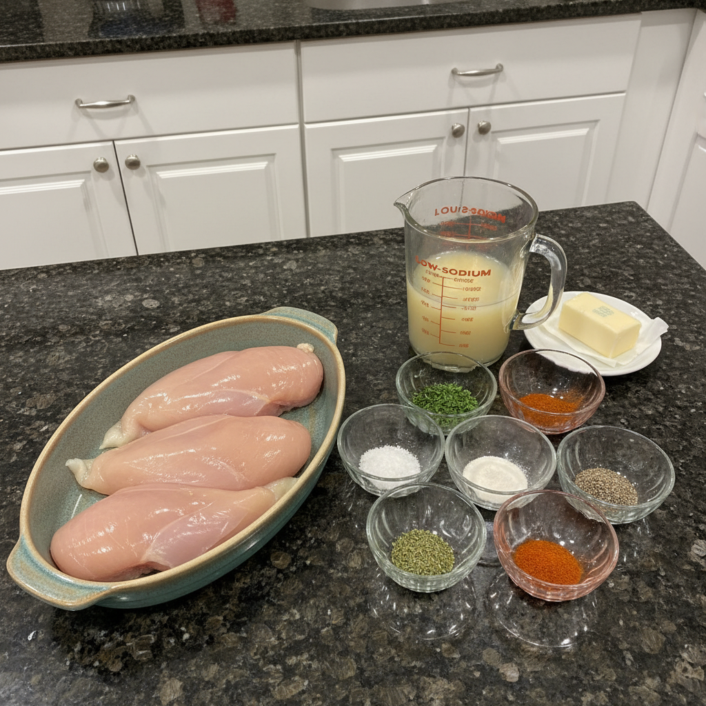 All the raw ingredients needed to make juicy slow cooker chicken breasts.
