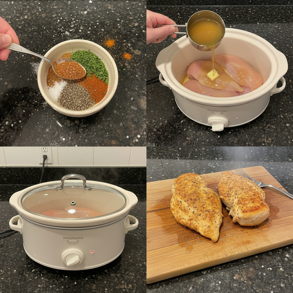 Step-by-step prep shots of juicy slow cooker chicken breasts being assembled.