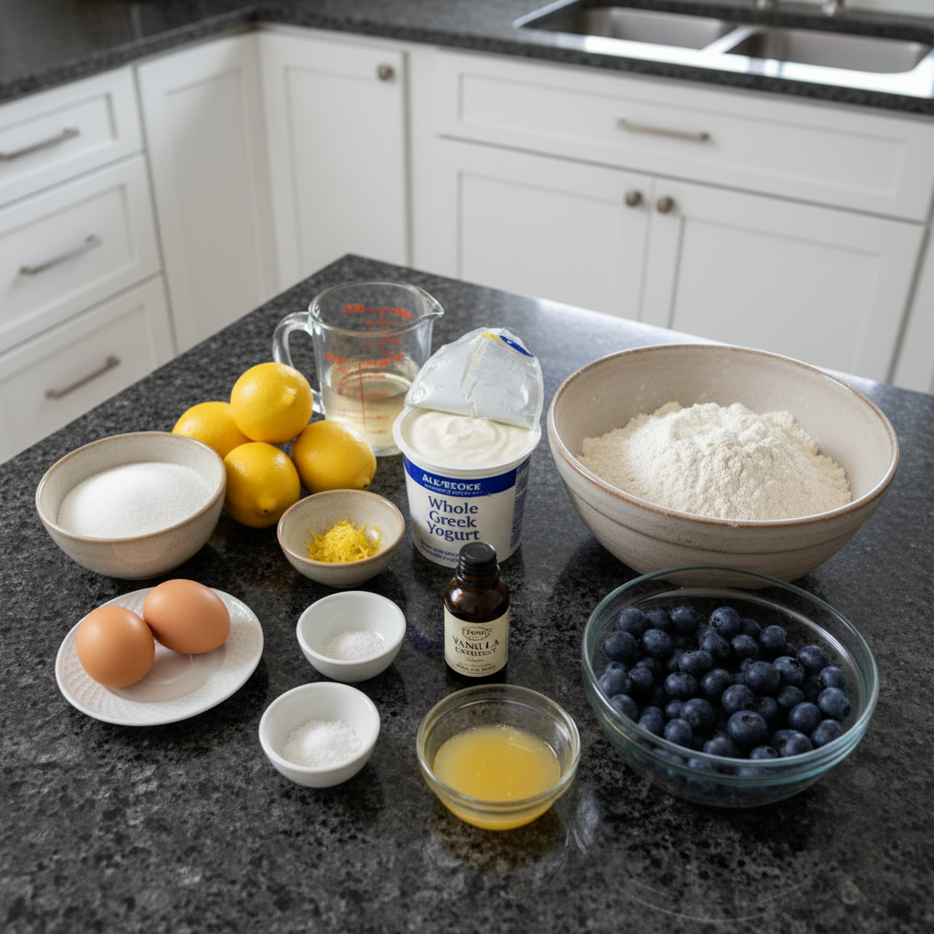 Ingredients for a one bowl lemon blueberry cake recipe