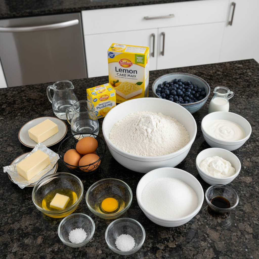 Key ingredients for lemon blueberry cheesecake layer cake recipe.