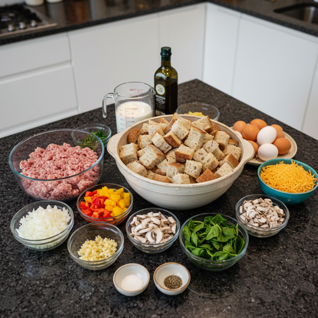 make-ahead-breakfast-casserole-recipe-ingredients Ingredients for make ahead breakfast casserole recipe, including eggs, sausage, and cheese.