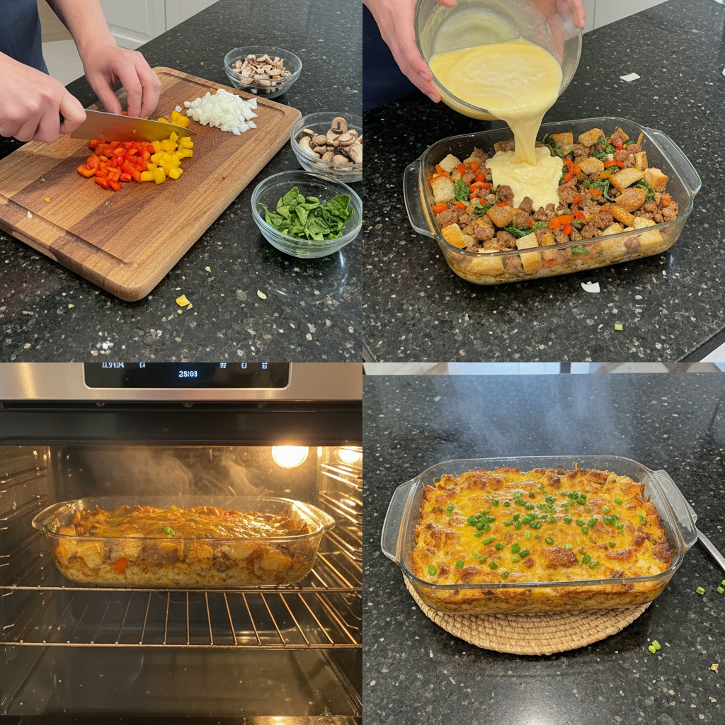 make-ahead-breakfast-casserole-recipe-prep Step-by-step prep image of make ahead breakfast casserole recipe being assembled in a baking dish.