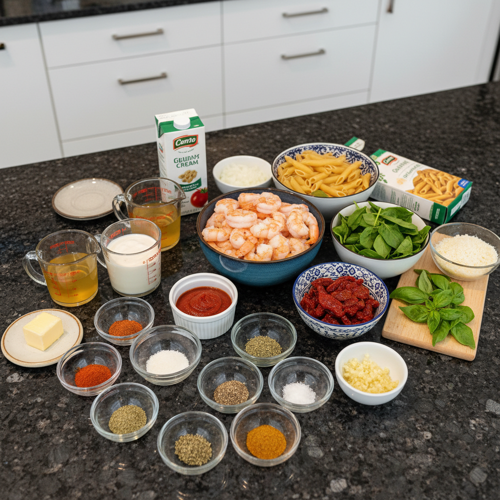 Overhead shot of marry me shrimp pasta ingredients including shrimp, pasta, and cream.