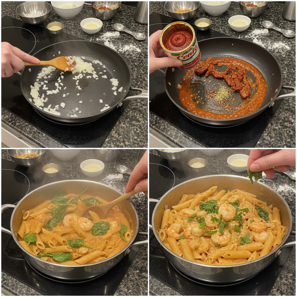 Step-by-step shots showing how to prepare marry me shrimp pasta.
