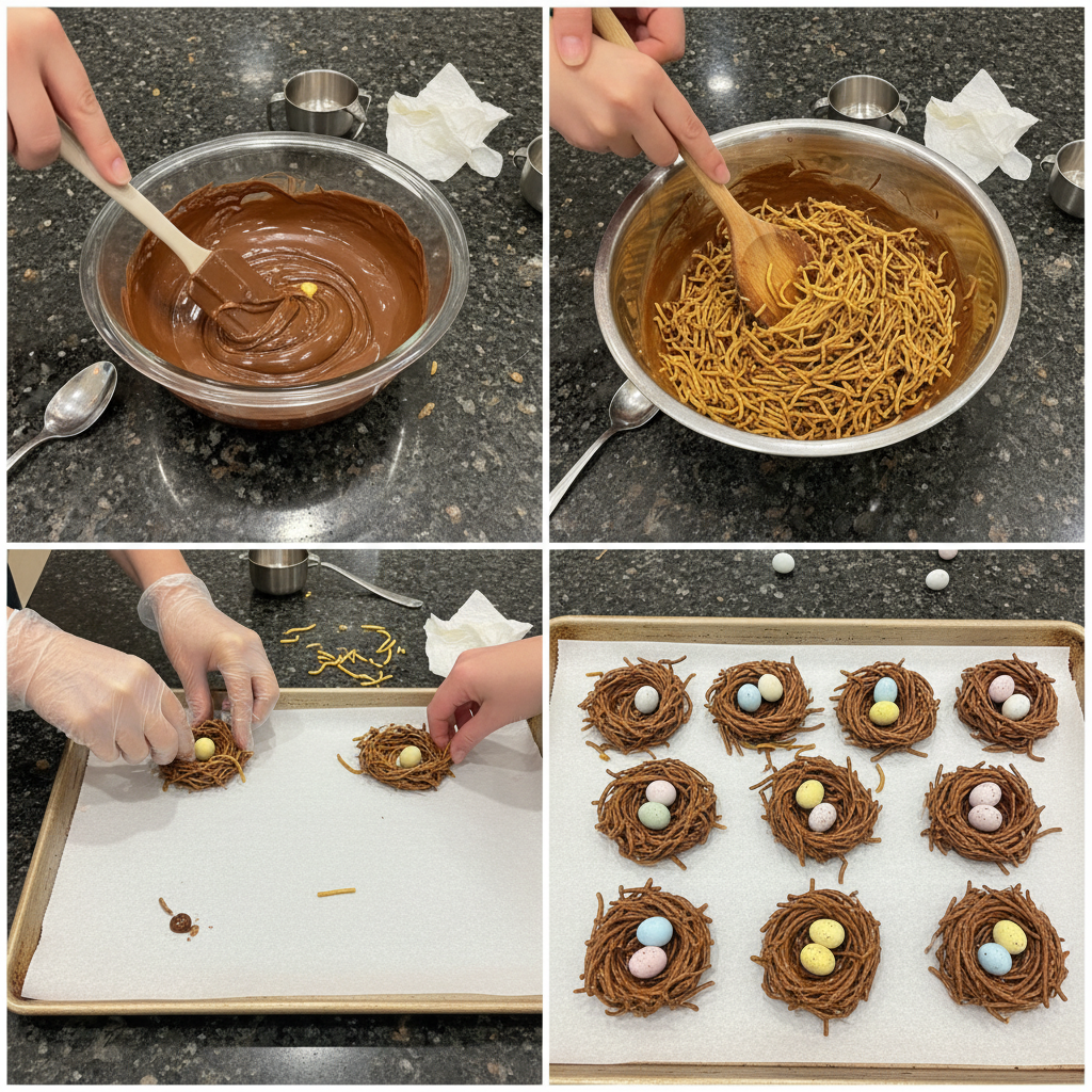 Melting chocolate and butterscotch for no bake birds nest cookies