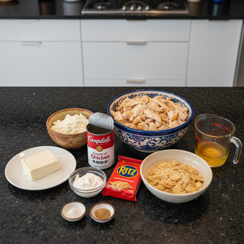 All the ingredients needed to make creamy million dollar chicken.