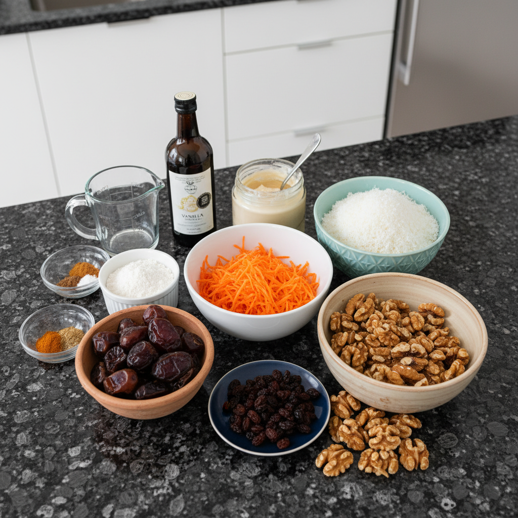 mini-carrot-cake-balls-ingredients Ingredients for mini carrot cake dessert balls, including carrots, flour, spices, and cream cheese.