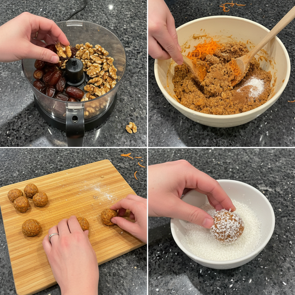 mini-carrot-cake-balls-prep Step-by-step preparation of mini carrot cake dessert balls, showing mixing and rolling.