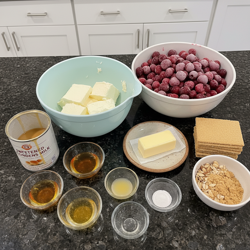 All the ingredients needed to make mini cherry cheesecake shooters.
