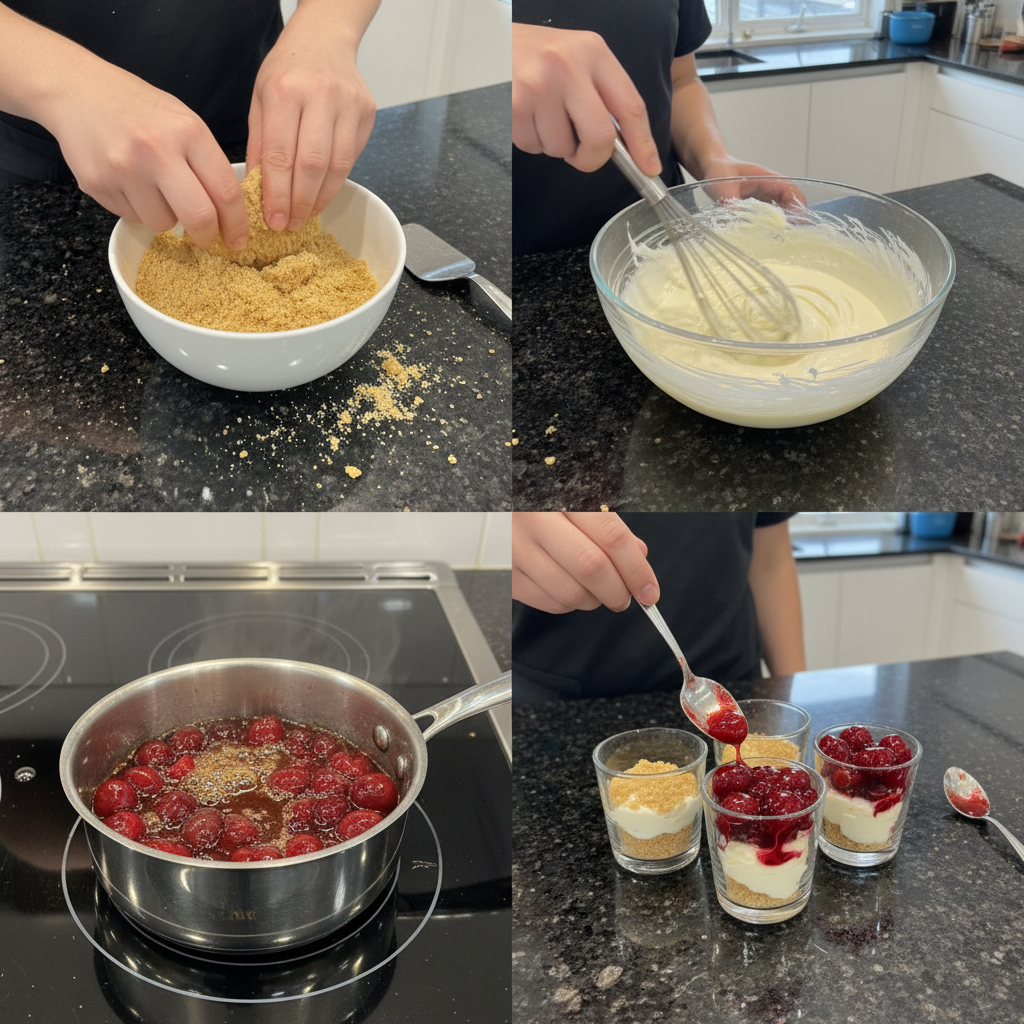 Step-by-step guide to preparing mini cherry cheesecake shooters.
