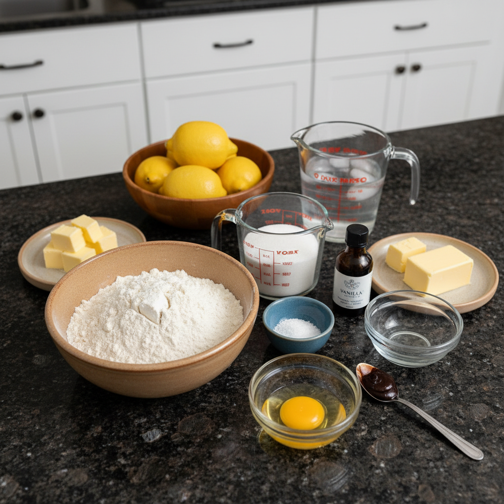 mini-lemon-tart-ingredients All ingredients for mini lemon tart with colored meringue recipe.