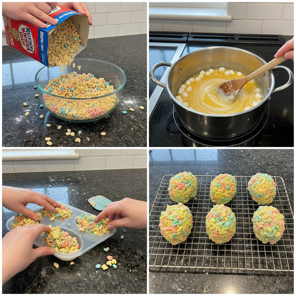 molding-rice-krispies-easter-eggs Hands molding warm rice krispies into easter egg shapes for treats.