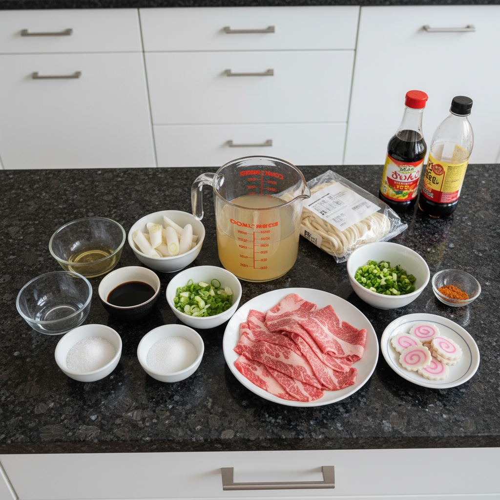 niku-udon-ingredients-shot All the fresh ingredients for niku udon, including beef, noodles, and seasonings.