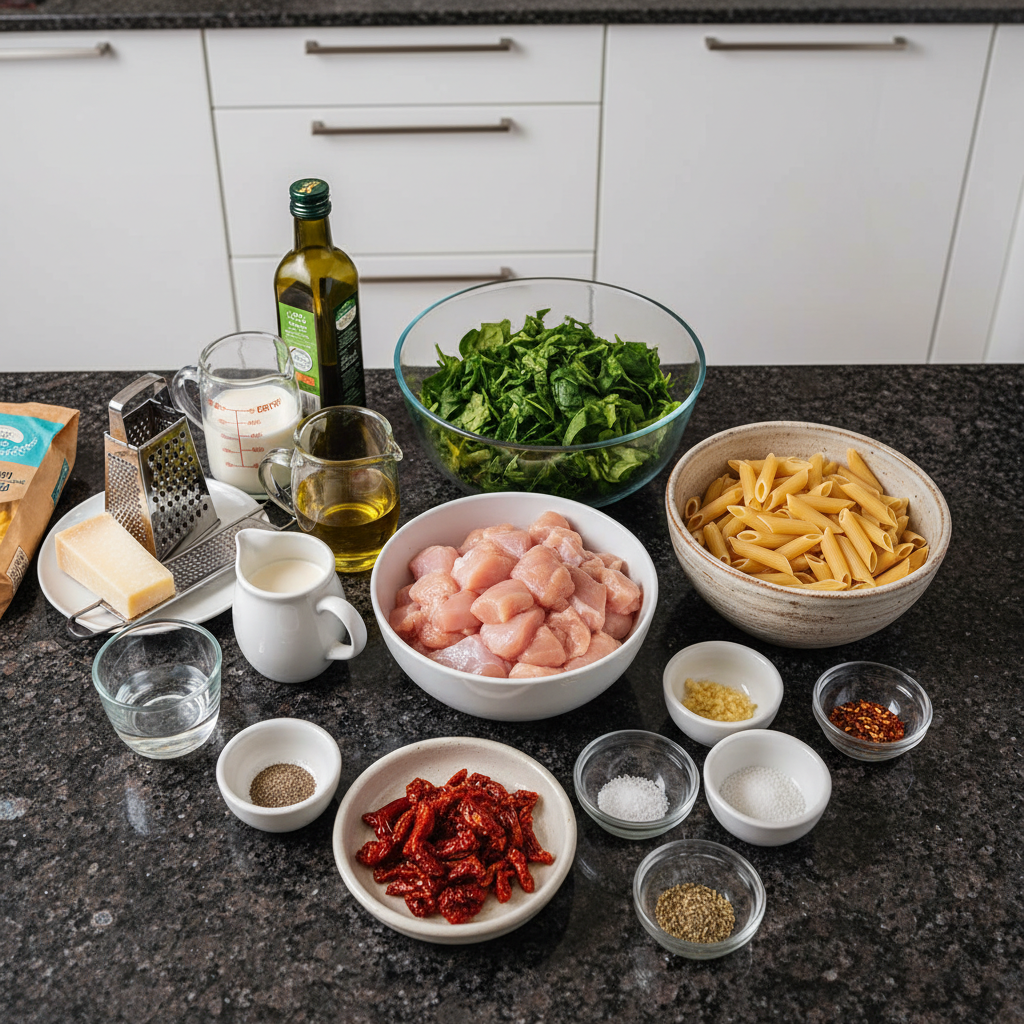 All the raw ingredients for one-pot chicken florentine recipe, arranged on a wooden board.