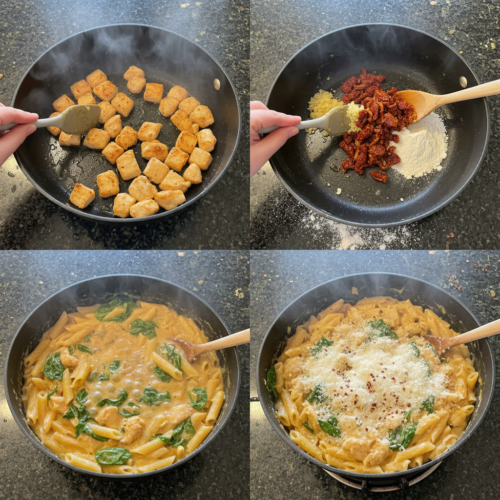 Step-by-step preparation of one-pot chicken florentine cooking in a stainless steel pot.