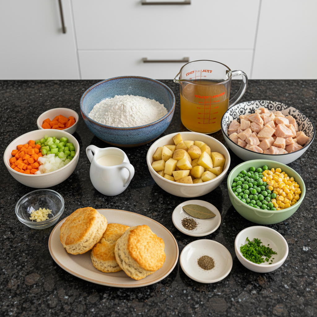 one-pot-chicken-pot-pie-soup-ingredients Fresh ingredients for one-pot chicken pot pie soup recipe, including chicken, vegetables, and herbs.