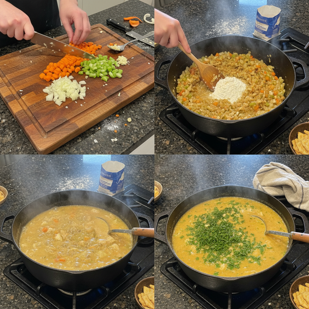 one-pot-chicken-pot-pie-soup-prep Step-by-step prep of one-pot chicken pot pie soup showing simmering in a pot.