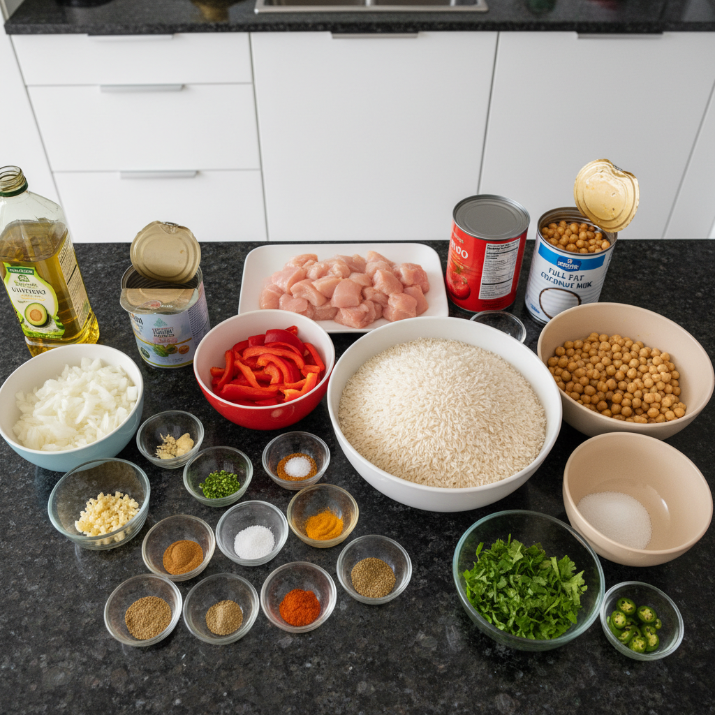 All the fresh ingredients needed for One-Pot Chicken Tikka Masala laid out on a wooden surface.