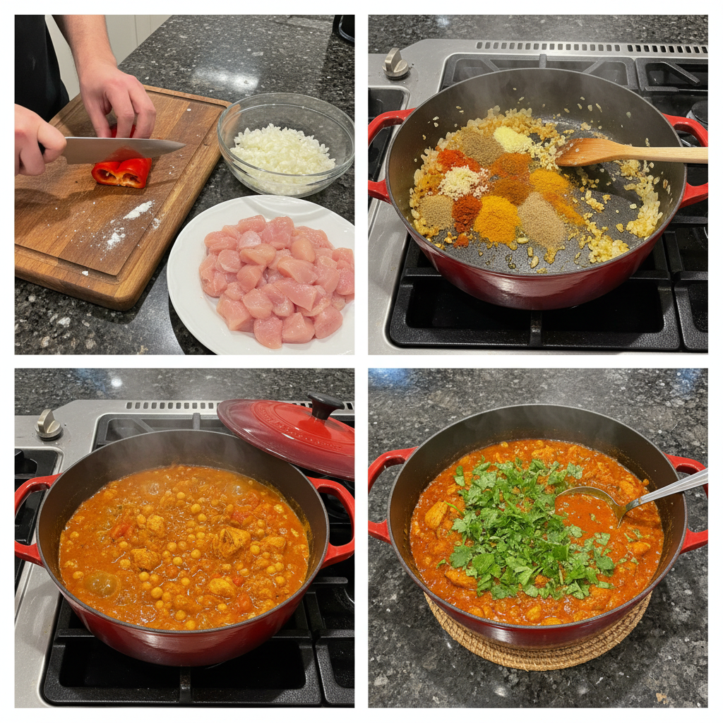 Step-by-step images showing how to prepare One-Pot Chicken Tikka Masala in a large pot.