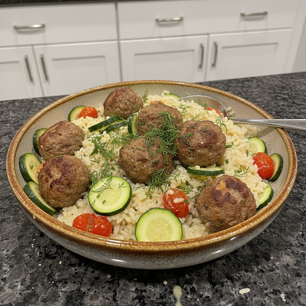 Easy One-Pot Greek Meatballs with Lemon-Dill Rice