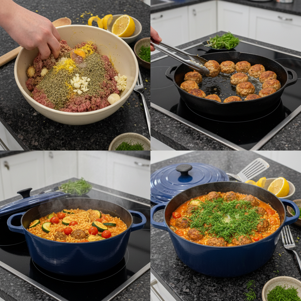 one-pot-greek-meatballs-prep Step-by-step prep of the One-Pot Greek Meatballs recipe in a pot.