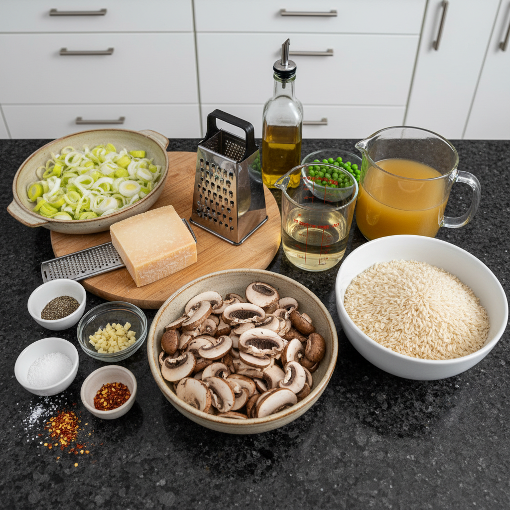 one-pot-mushroom-risotto-ingredients Fresh ingredients for making delicious mushroom risotto.