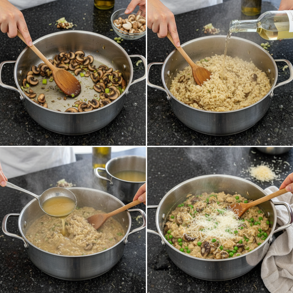 one-pot-mushroom-risotto-prep Step-by-step prep for one-pot mushroom risotto.