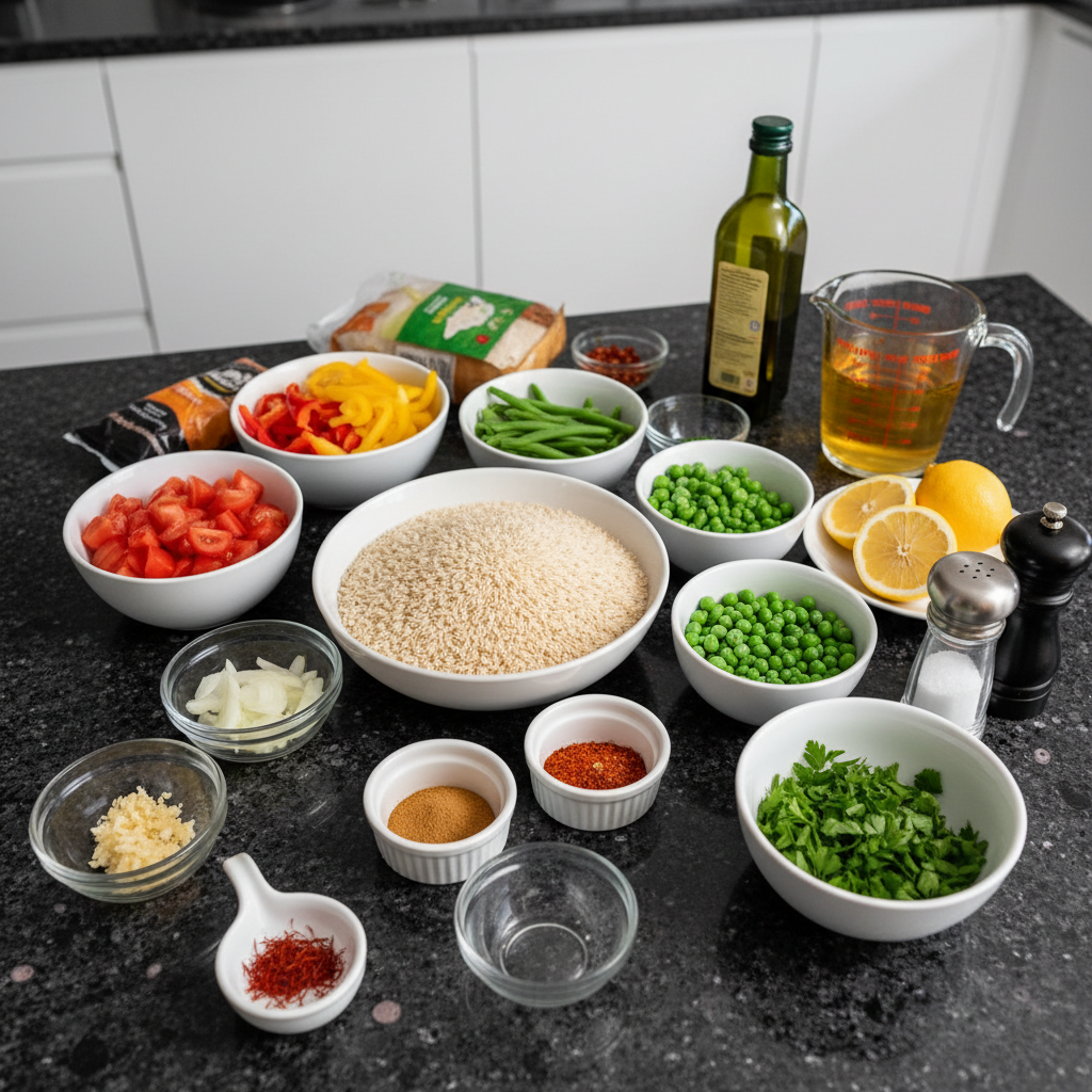 Fresh ingredients for One-Pot Vegetable Paella, ready to cook.