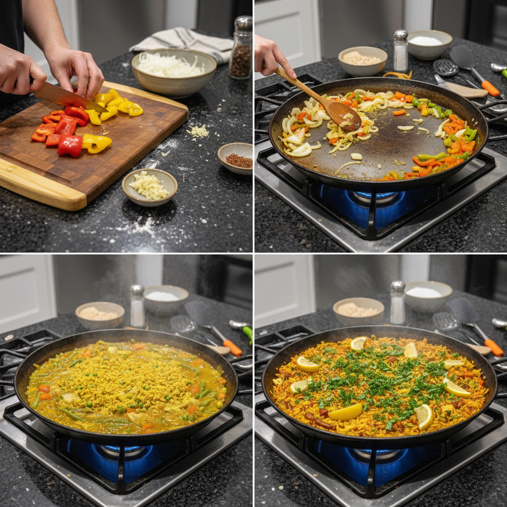 Step-by-step preparation of One-Pot Vegetable Paella in a pan.