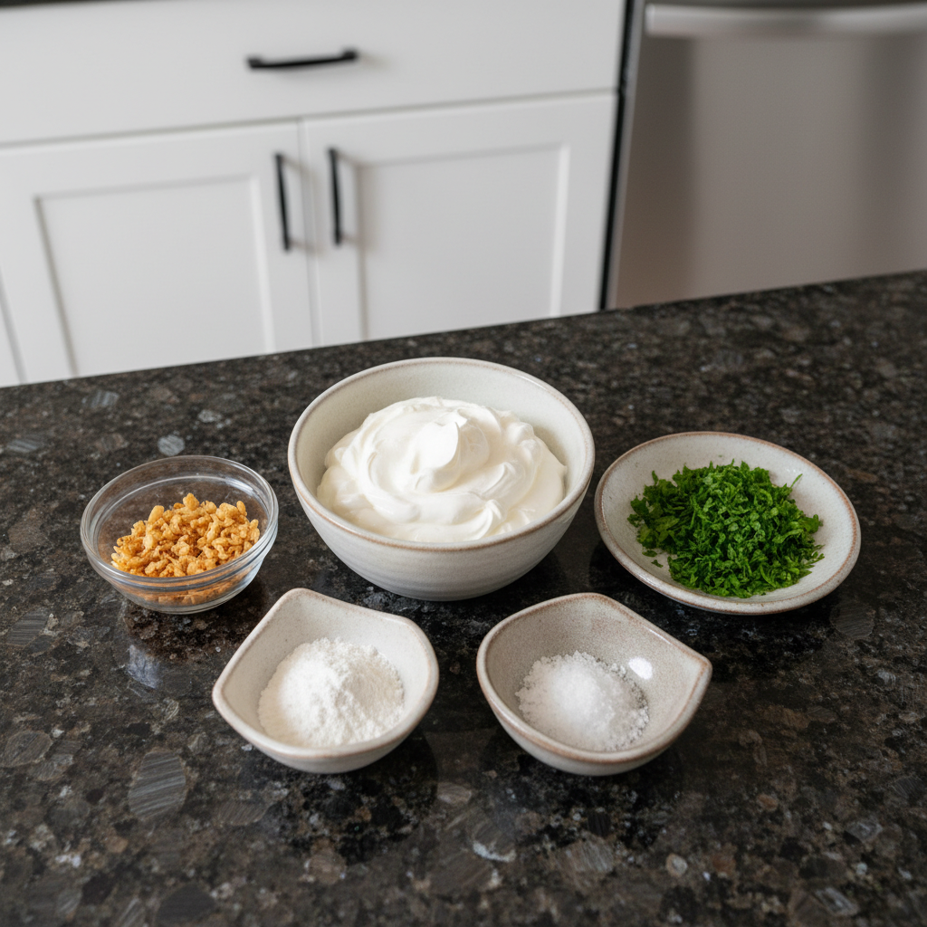 All the fresh ingredients for a delicious onion dip recipe.