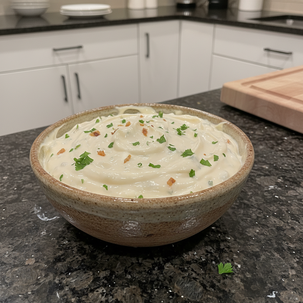 A stack of fluffy pancakes topped with banana slices, almonds, chia seeds, and maple syrup, served with a glass of orange juice.