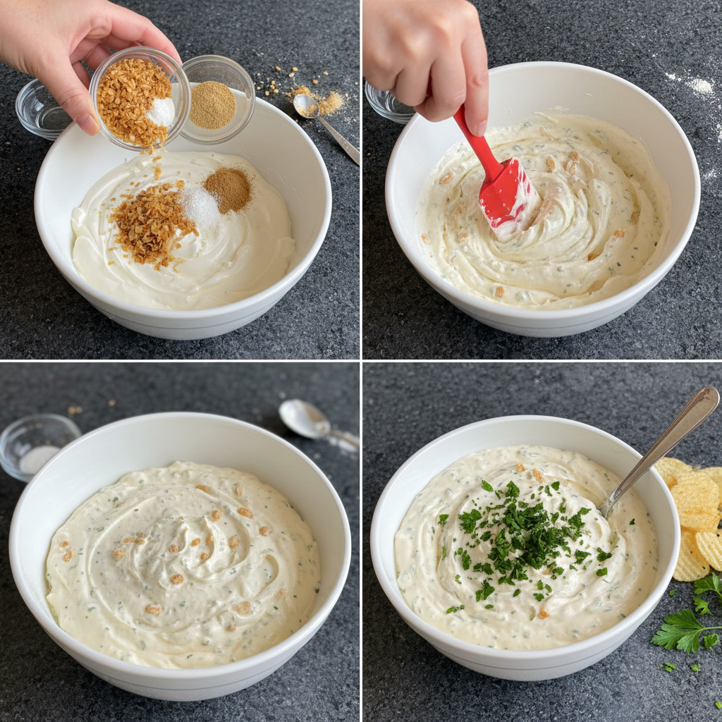 Step-by-step of making onion dip recipe, onions being sauteed.