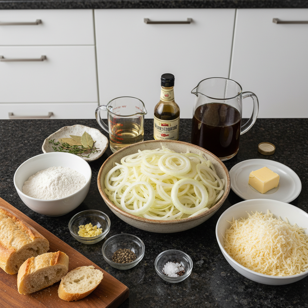 All the fresh ingredients for making an onion soup recipe, including onions, broth, and cheese.