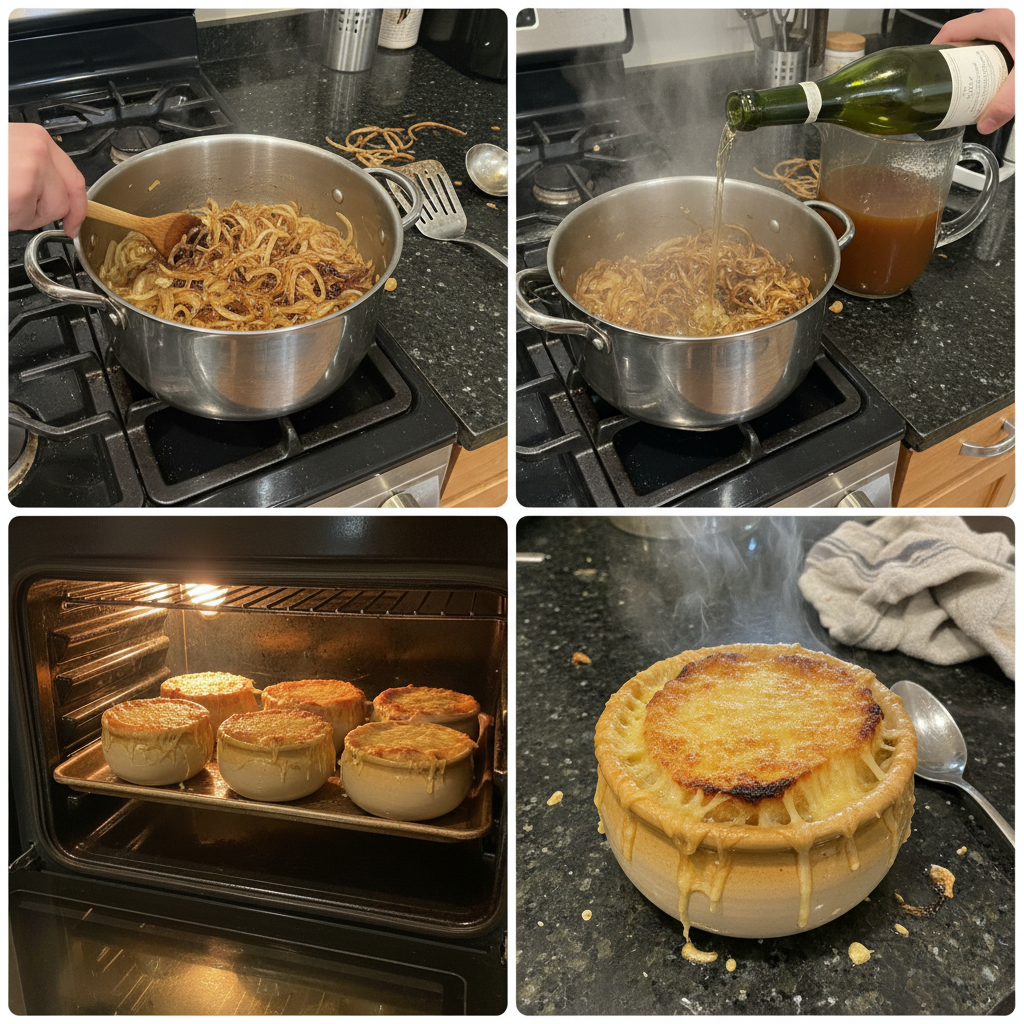 Step-by-step guide to preparing the onion soup recipe, showing the caramelization process.