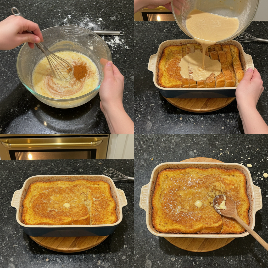 overnight-french-toast-breakfast-bake-prep Preparing overnight French toast breakfast bake in a baking dish.