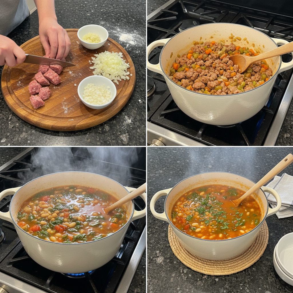 preparing-italian-sausage-white-bean-soup Step-by-step preparation of one-pot Italian sausage and white bean soup recipe.