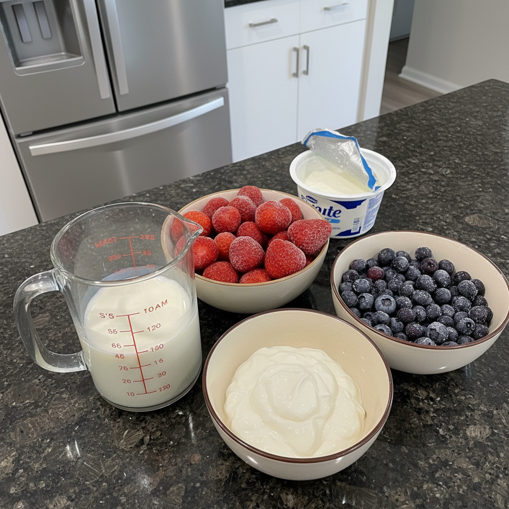 Assortment of fresh berries, yogurt, and probiotic supplement for making a smoothie.