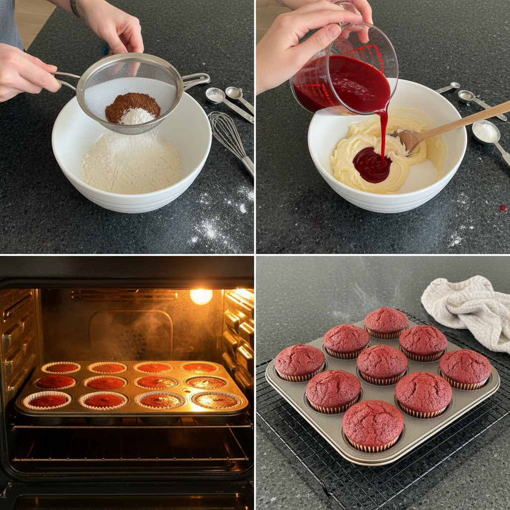 Step-by-step image of preparing the red velvet cupcake batter.