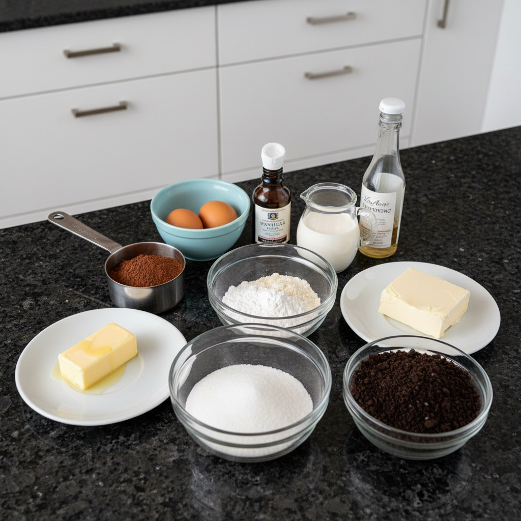 red-velvet-oreo-cookies-ingredients Ingredients for Red Velvet Oreo Cookies, including flour, sugar, cocoa, and cream cheese.