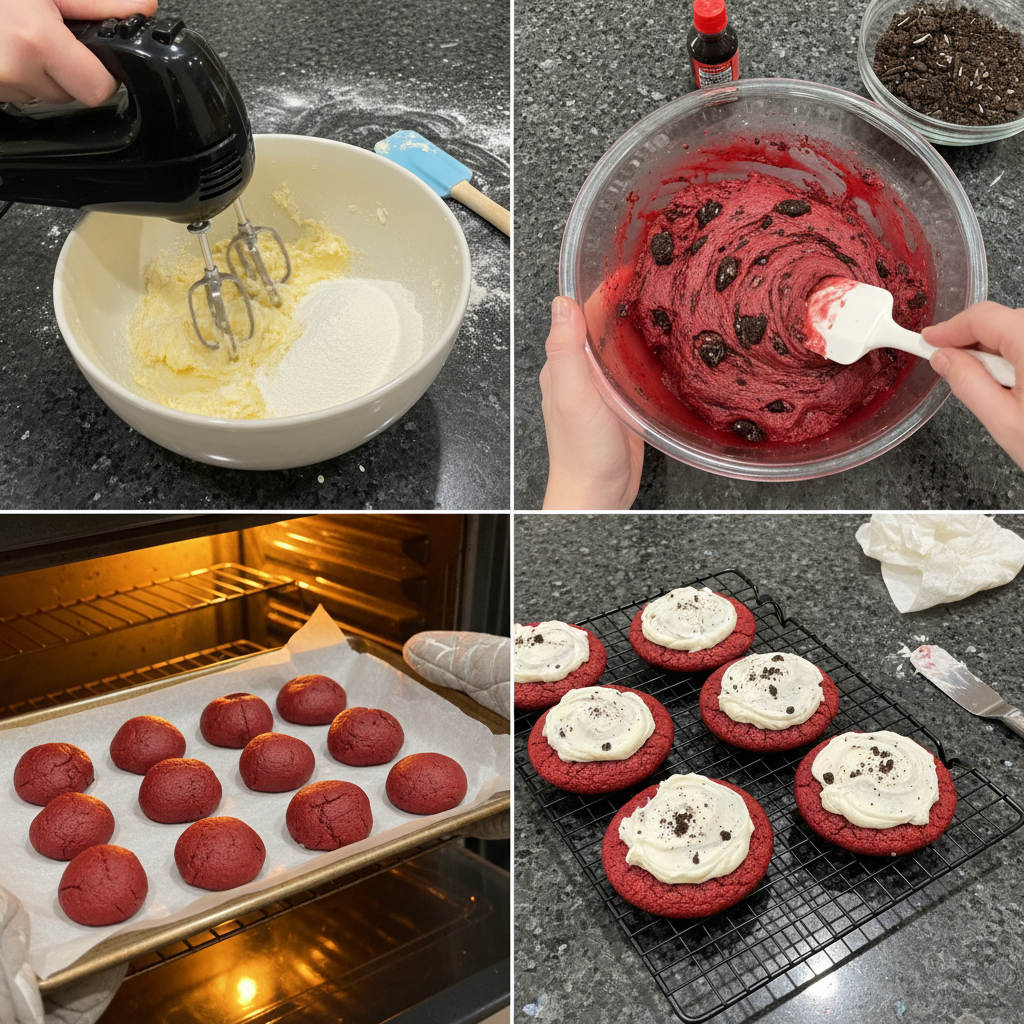 red-velvet-oreo-cookies-prep Step-by-step prep image showing the process of assembling Red Velvet Oreo Cookies.