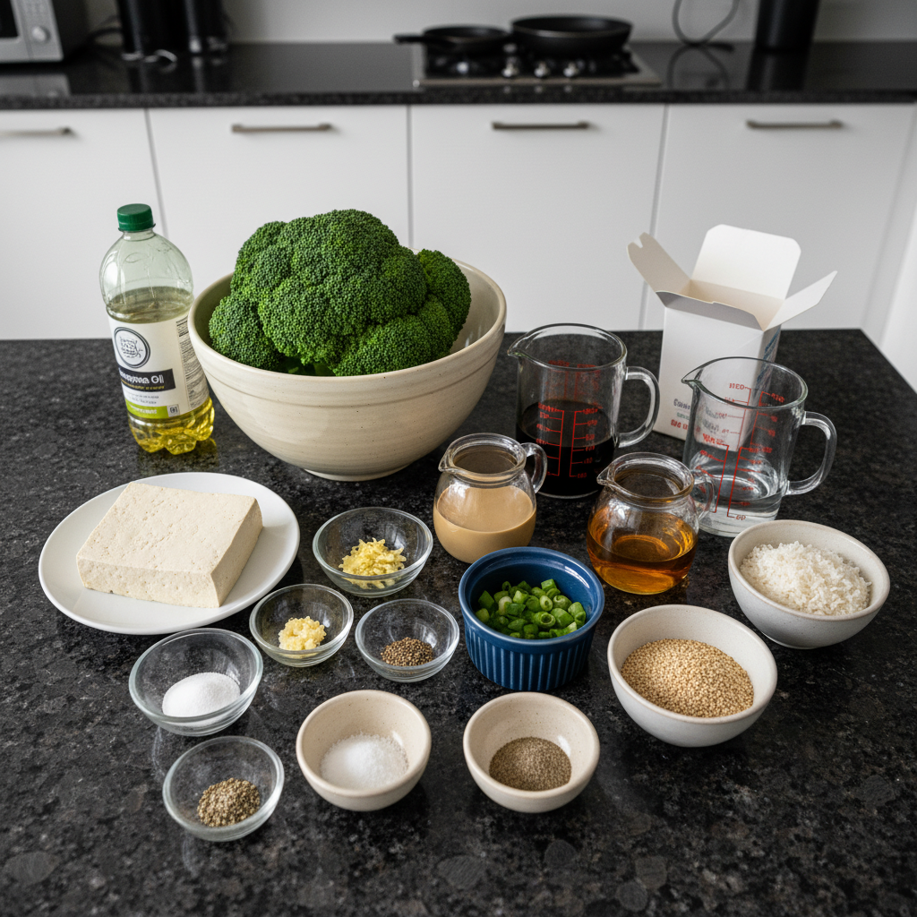 All the fresh ingredients for sesame tofu and broccoli recipe, prepped and ready.