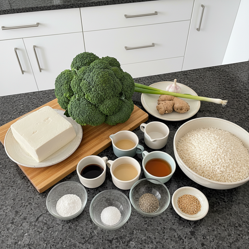 sesame-tofu-broccoli-ingredients All the fresh ingredients needed to make sesame tofu and broccoli recipe.