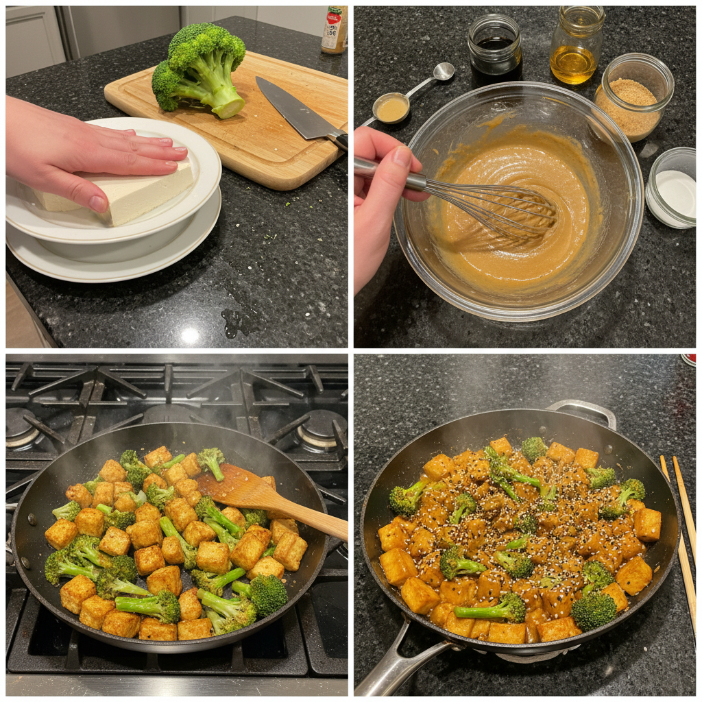 Step-by-step images of preparing sesame tofu and broccoli recipe.