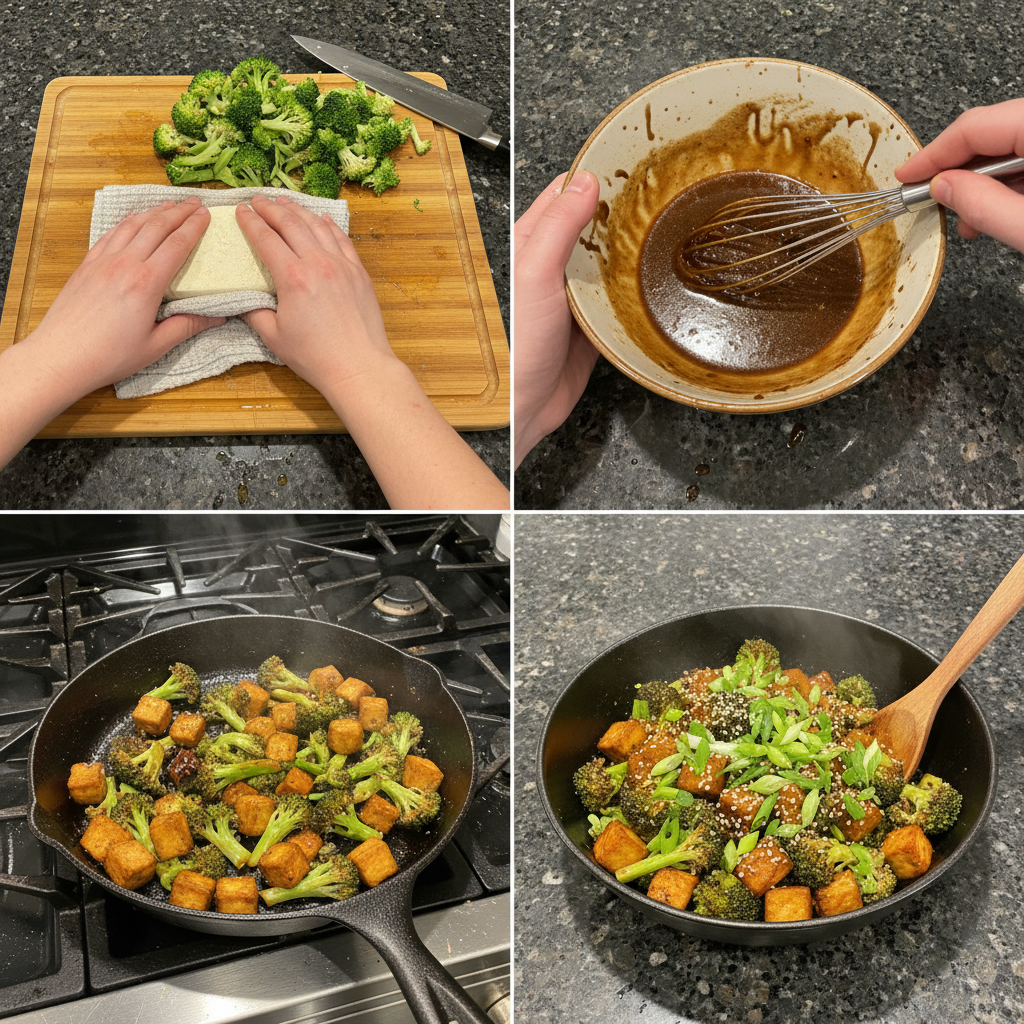 sesame-tofu-broccoli-prep Step-by-step prep of sesame tofu and broccoli stir-fry in a wok.