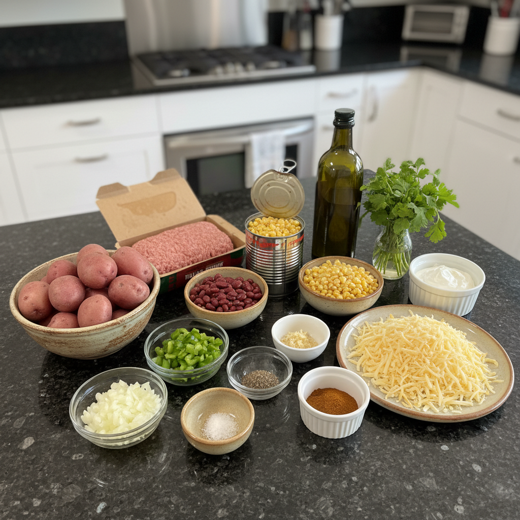 All the ingredients needed to make slow cooker cowboy casserole in one place.