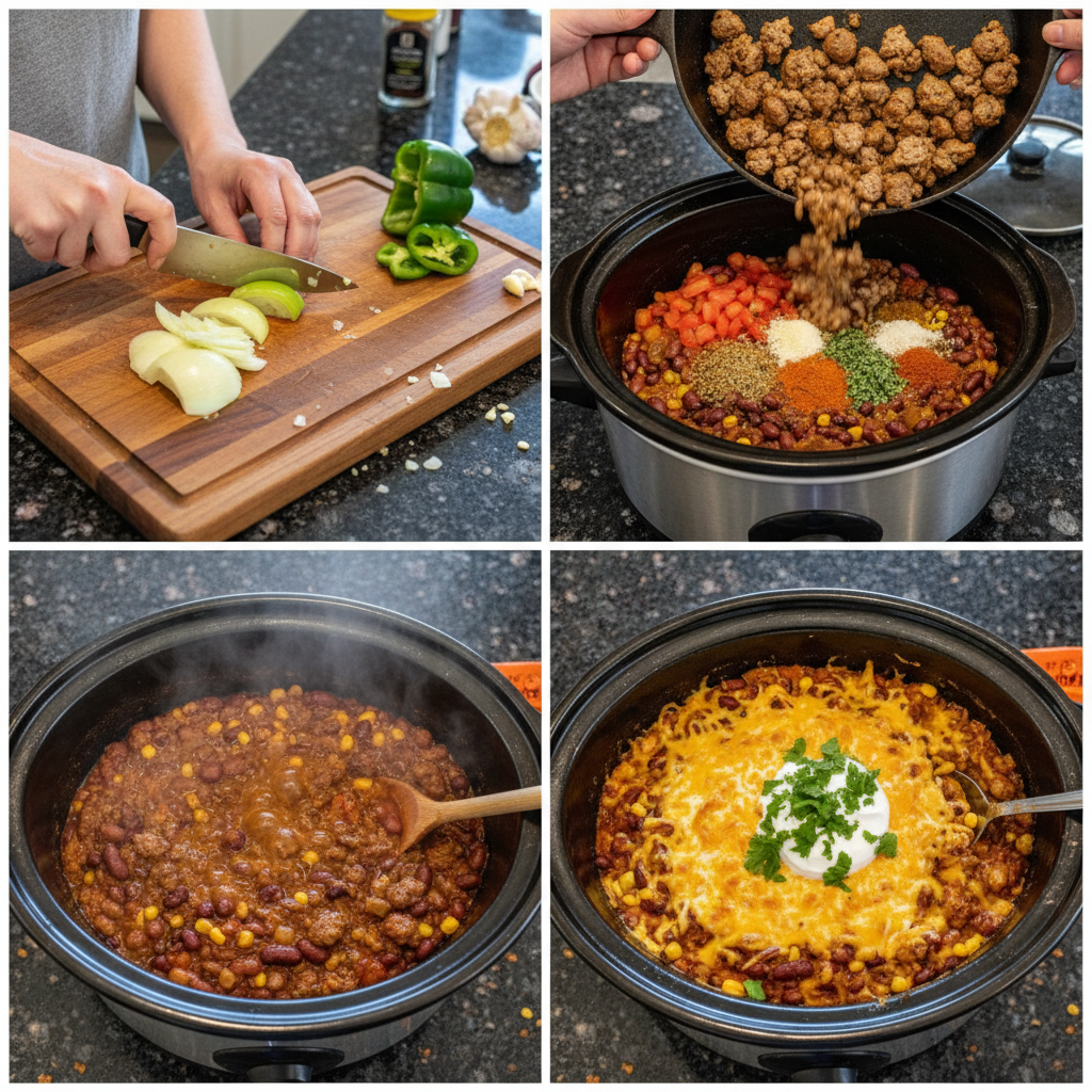 Layering ingredients in the slow cooker for a cowboy casserole.