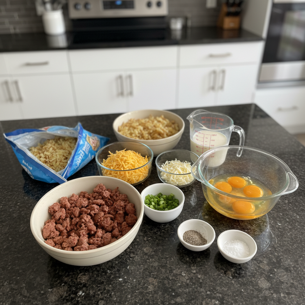 slow-cooker-overnight-breakfast-casserole-ingredients Ingredients for making slow cooker overnight breakfast casserole, including sausage, eggs, and cheese.