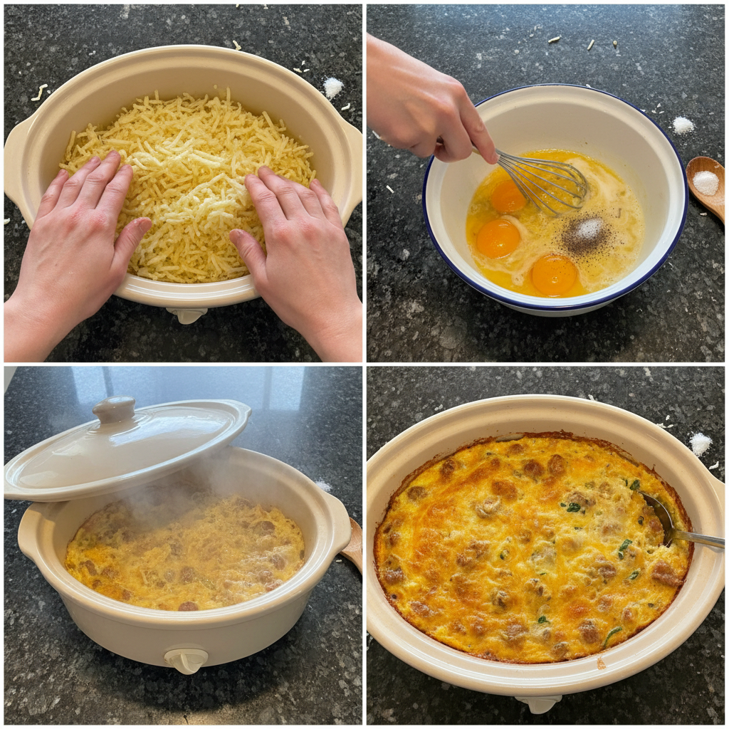 slow-cooker-overnight-breakfast-casserole-prep Step-by-step prep of slow cooker overnight breakfast casserole in the crockpot.