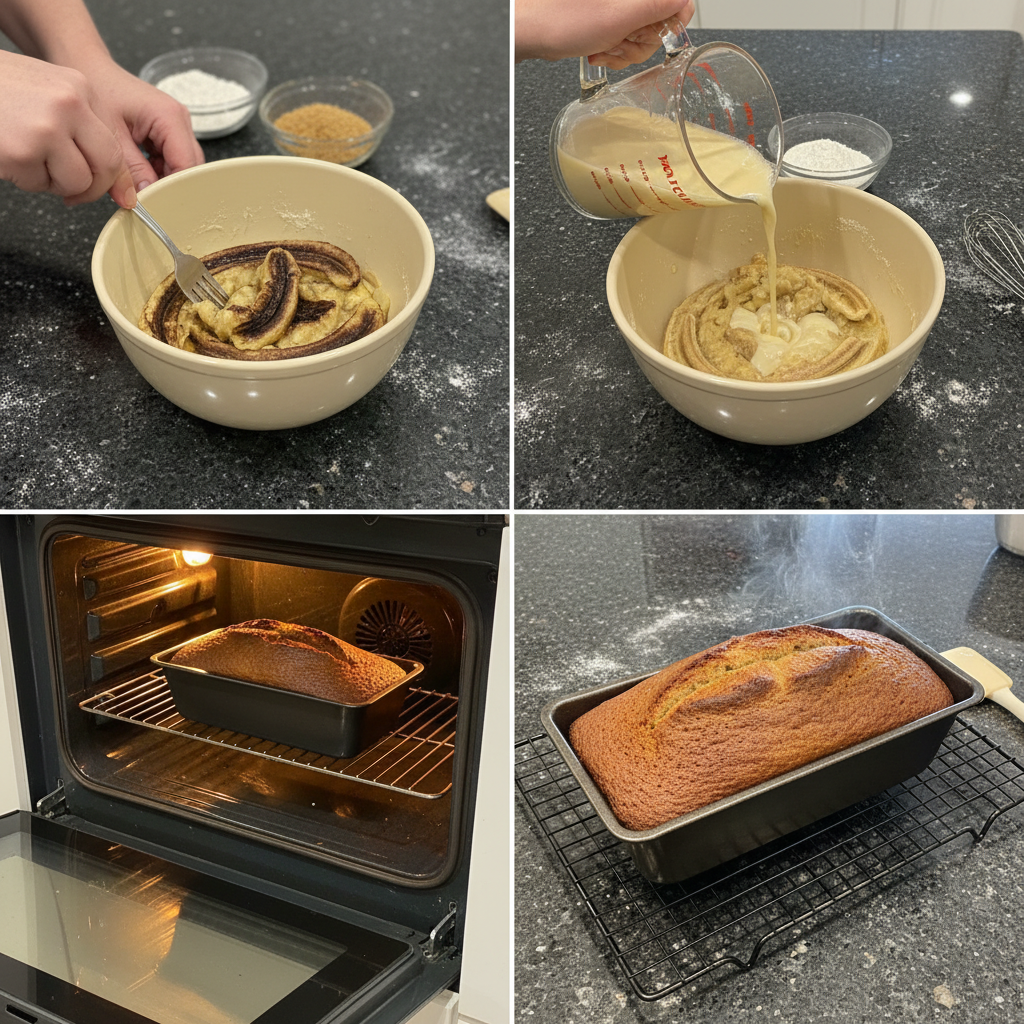 starbucks-banana-bread-copycat-prep Preparing Starbucks Banana Bread Copycat batter in a bowl.