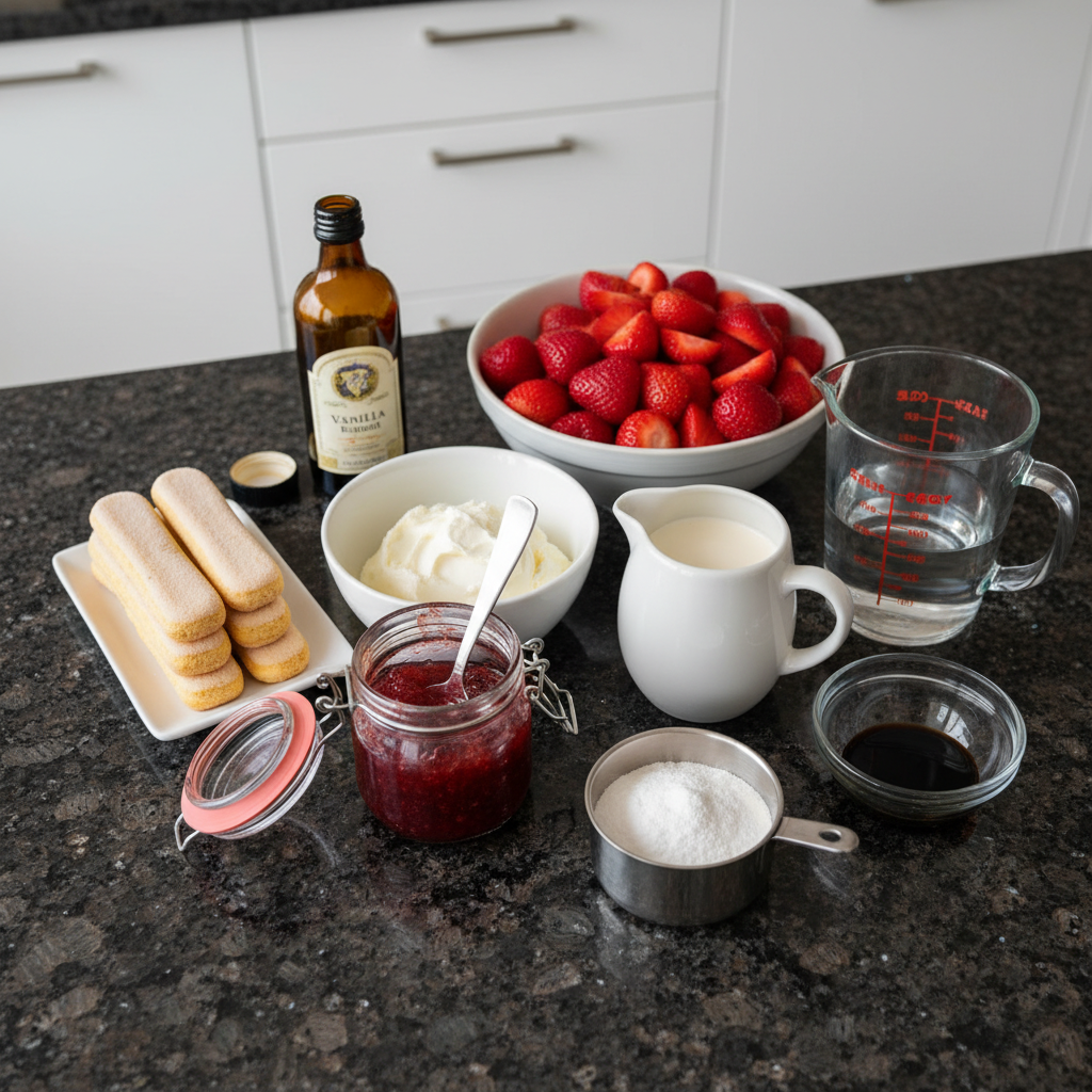Fresh ingredients for strawberries and cream tiramisu recipe.